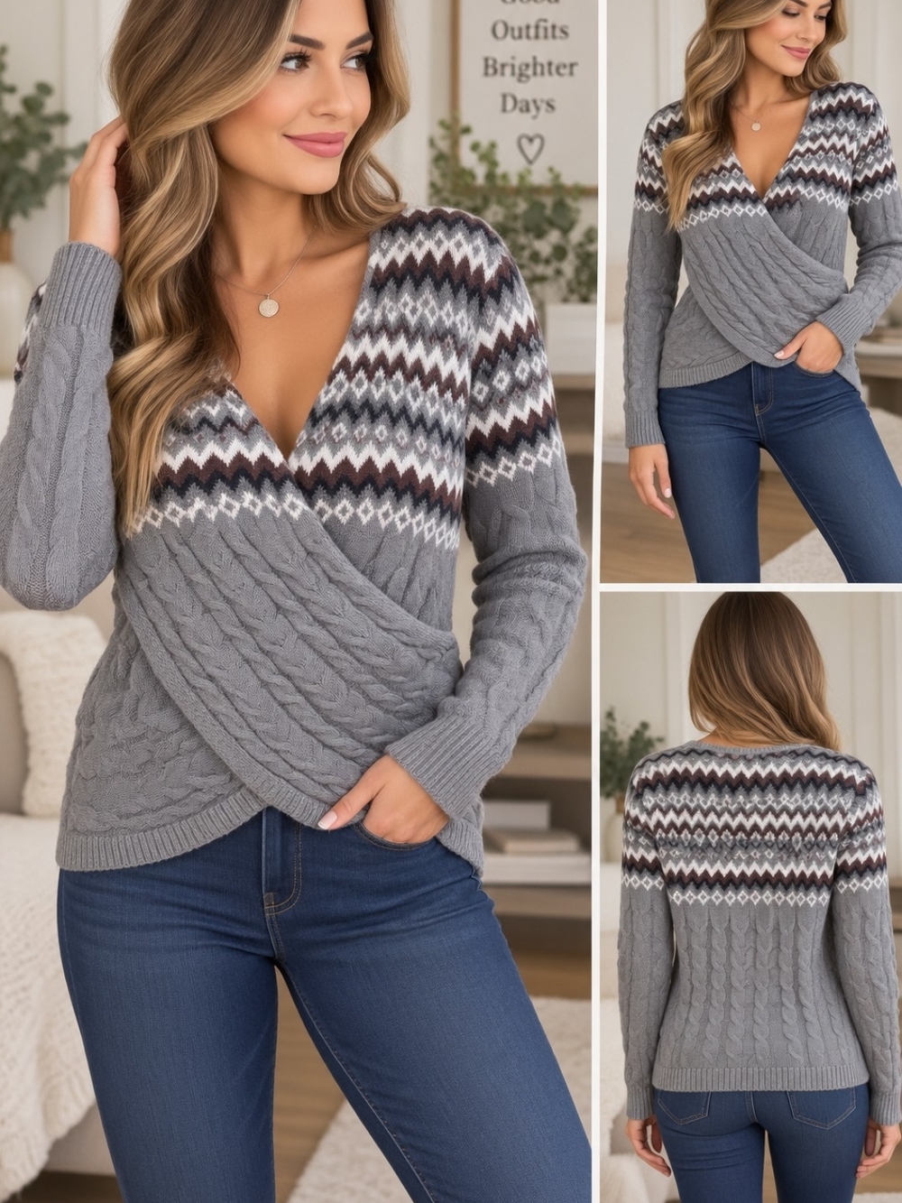 Gray V-Neck Cable Knit Wrap Sweater with Fair Isle Yoke